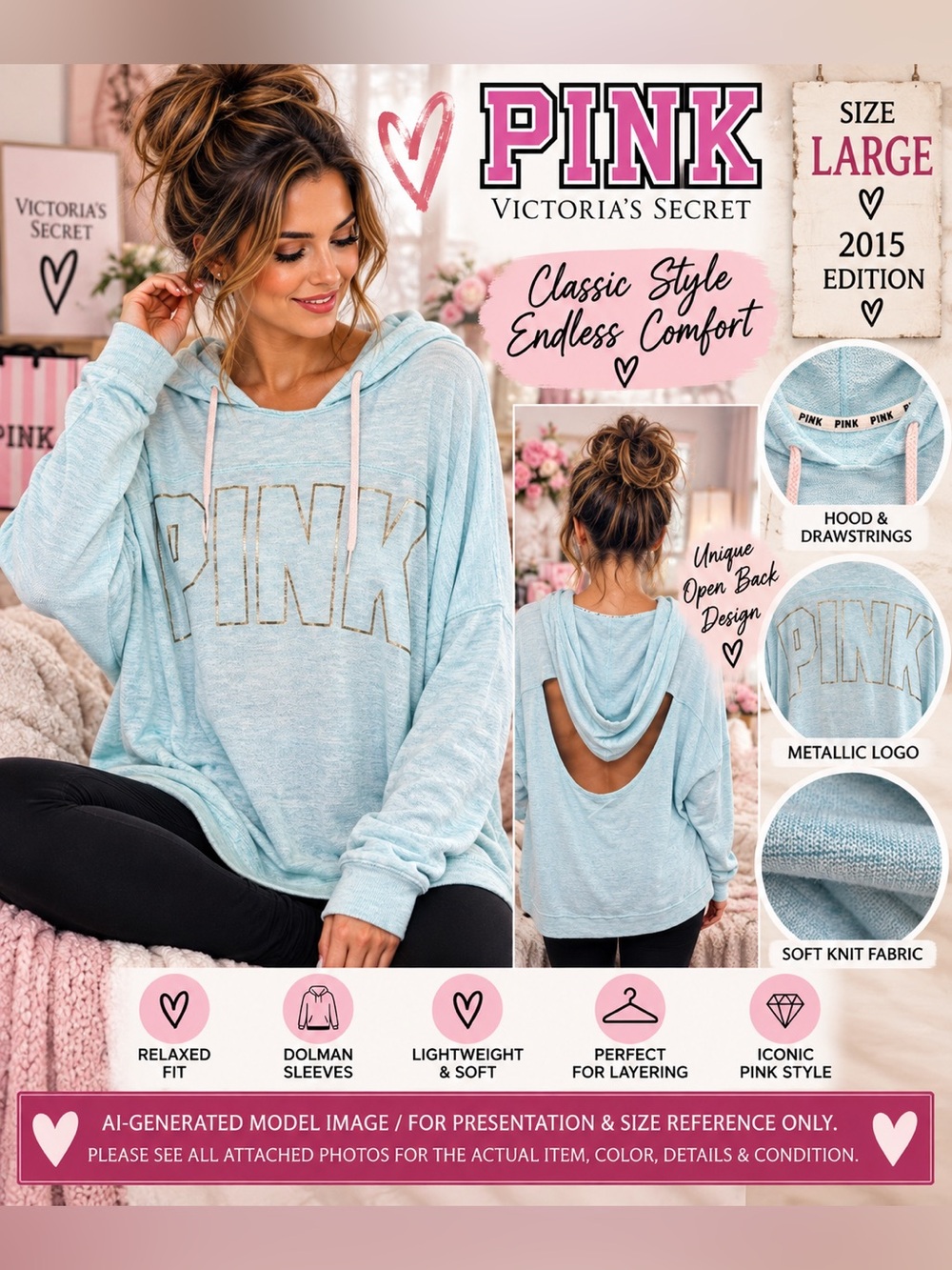 Victoria’s Secret PINK 2015 Blue Open Back Dolman Hoodie Large